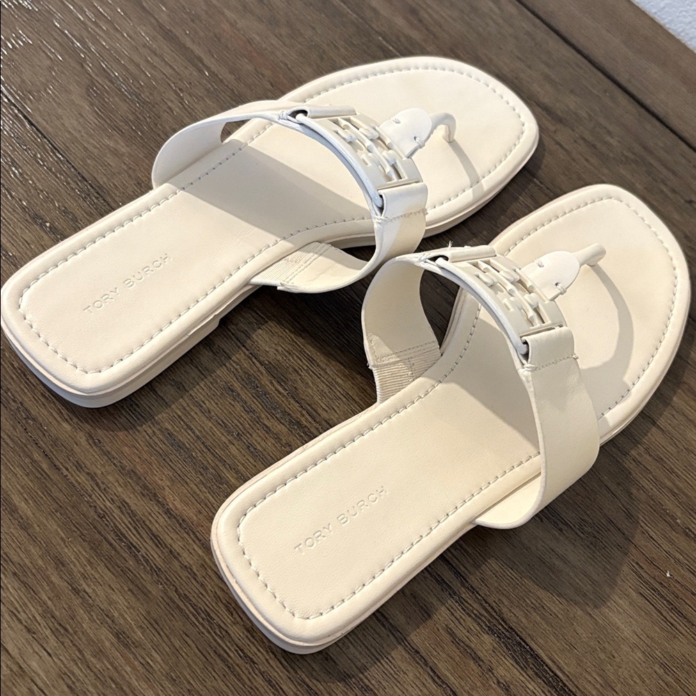 EUC [TORY BURCH] Georgia Logo Toe Slide Sandals Smooth White Leather Women’s 9 - Picture 7 of 12